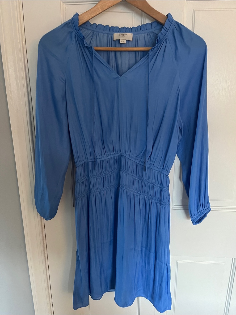 LOFT Light Blue Smocked-Neck Petite Dress